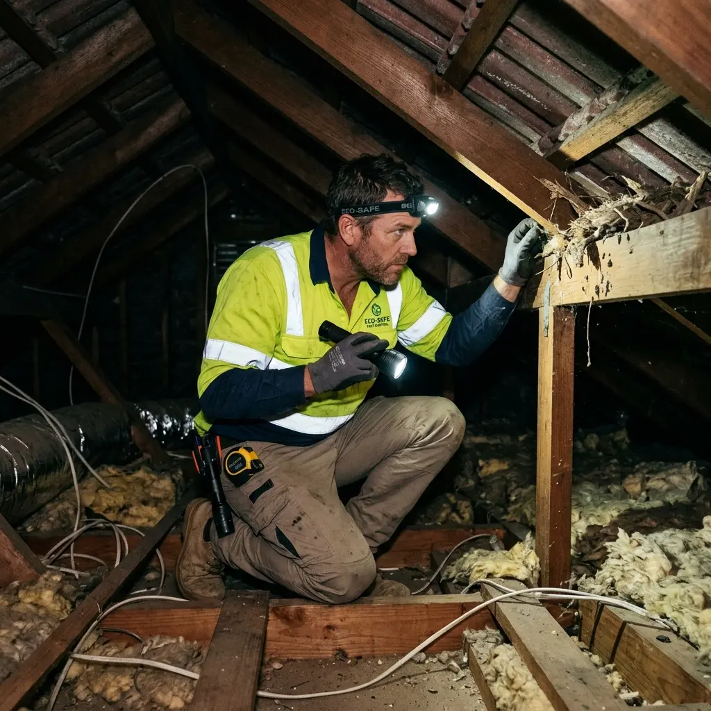 Technician inspecting a Dallas roof cavity for a dead possum